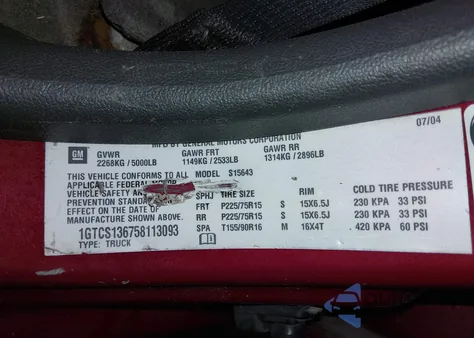 2005 GMC Canyon Sle z USA, uszkodzony, nr VIN 1GTCS136758113093